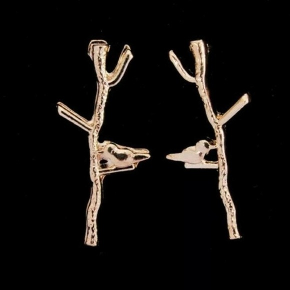 Gold Bird on a Limb Stud Earrings - Picture 2 of 4